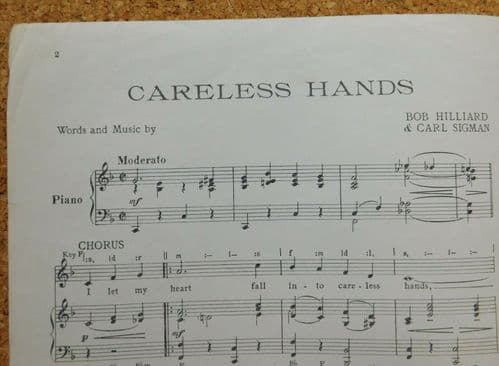 Careless Hands vintage sheet music 1960s Des O'Connor sad nostalgic love song